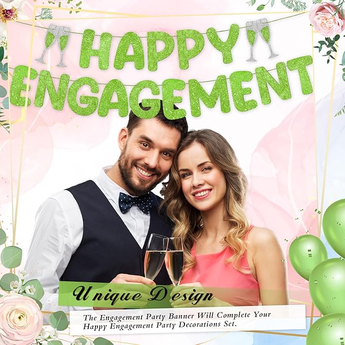 Breling Pre Strung Happy Engagement Banner Glitter Engagement Party Decorations for Congratulations Engaged Wedding Shower Signs Decor(Light Green)