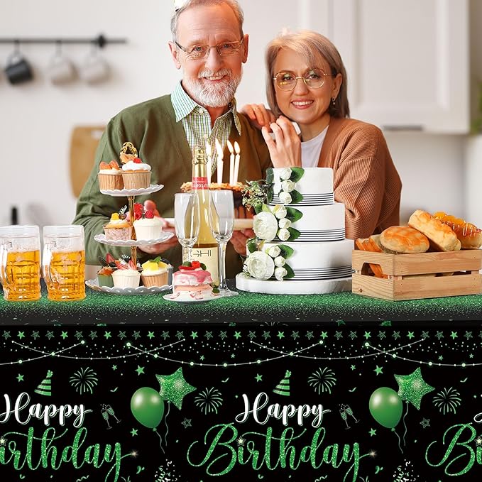 Tudomro 1 Pcs Happy Birthday Tablecloths Happy Birthday Party Decorations Plastic Table Cover Rectangular Cloths for Women Men Baby Shower Party Supplies, 108 x 54 Inch (Black Green)