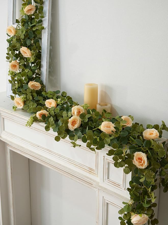 PARTY JOY 6.56ft Eucalyptus Garland with Flowers-8 Champagne Roses-Lush,Natural Looking, Floral Garland Greenery for Party Wedding Table Indoor Outdoor Backdrop Wall Decor（Champagne,1）