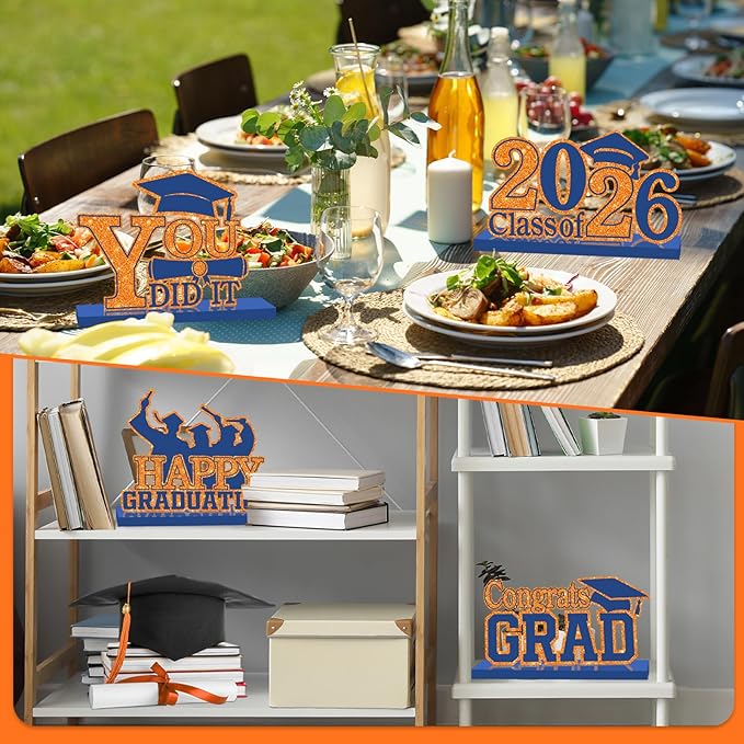 4Pcs Graduation Decorations Class of 2026 Wood Table Centerpieces Congrats Grad Wooden Sign Graduation Table Toppers Congratulate Tiered Tray Decor for 2026 Graduation Party(Orange-Blue)