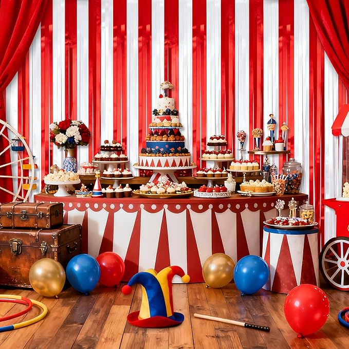 2 Pack Photo Backdrop, Clown Circus Theme Party Decorations Red & White Tinsel Curtain 3.3x6.6 Ft Foil Fringe Backdrop for Holiday Carnival Circus, Birthday, Wedding, Graduation