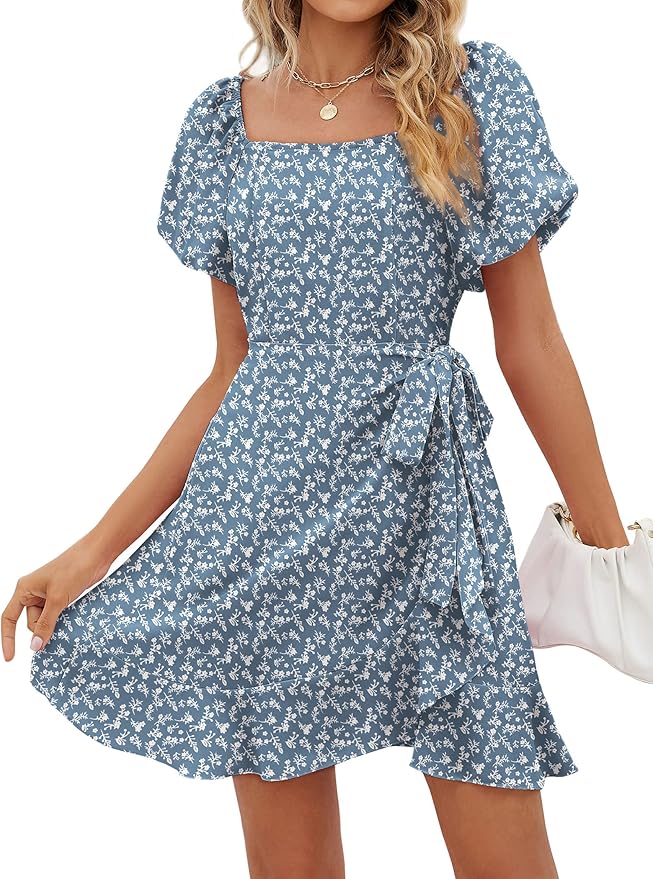 Sampeel Womens Summer Dresses Square Neck Puff Sleeve Tie Waist Short Dress