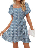 Sampeel Womens Summer Dresses Square Neck Puff Sleeve Tie Waist Short Dress