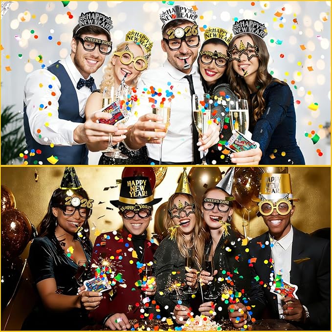 POILKMNI 92 Pcs New Years Eve Party Supplies - New Years Headbands, NYE Hats and Noisemakers for 46 People, Plastic Party Favors, Cone Hats, Horns, Glasses