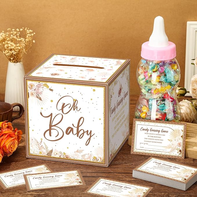 Glenmal 52 Pcs Baby Shower Games Gift Sets Large Baby Bottle for Shower Game Guess How Many Candies Decorations for Gender Reveal(Boho Pampas Grass)