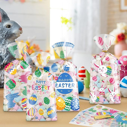 100 Pcs Easter Treat Bags - Happy Easter Gift Bag, Easters Eggs Plastic Cellophane Bag, Clear Colorful Easters Bunny Goodie Candy Favor Bags with Gold Twist Ties for Easte Party Favors Supplies