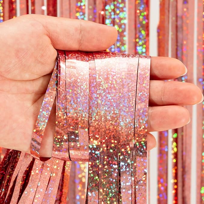 BRAVESHINE Rose Gold Metallic Tinsel Backdrop - 2Pcs 3.2x8.2ft Tinsel Foil Fringe Curtains Photo Booth Streamers for Valentines 21-st Birthdays Bachelorette Engagement Bridal Shower Party Decorations