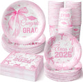 Hsei 250 Pcs Pink Graduation Disposable Plates and Napkins Bow Congrats Grad Disposable Tableware Set for 50 Guests Pink Paper Plates Napkins Cups for Girls Nurses Graduation Party Supplies