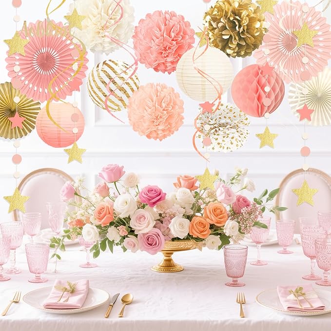 AOBKIAT Pink Birthday Party Decorations Kit-Tissue Paper Pom Poms,Lanterns,Fans Flowers,Star Garlands,Streamers for Girls Women Birthday,Wedding,Bachelorette,Bridal Shower,Baby Shower,Princess Party