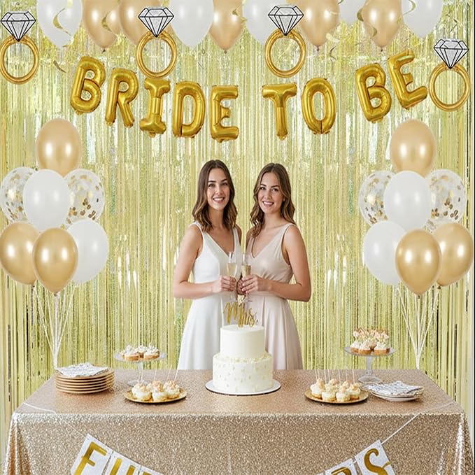 BRAVESHINE Gold Party Tinsel Backdrop - 2 Pack 3.2x8.2ft Metallic Foil Fringe Curtain Streamers for Birthday/Engagement/Bachelorette/Anniversary/Prom/Graduation/Hawaiian/Luau/Wedding Decorations
