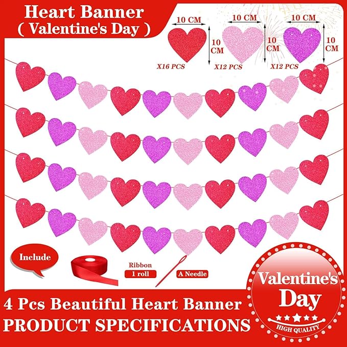 Glitter Red Pink Hot Pink Valentine's Day Banner, 4 Strings Red Pink Hot Pink Shiny Heart Banners Sign for Celebrate Valentine's Day Party Wedding Ceremonies Holiday Party Decorations