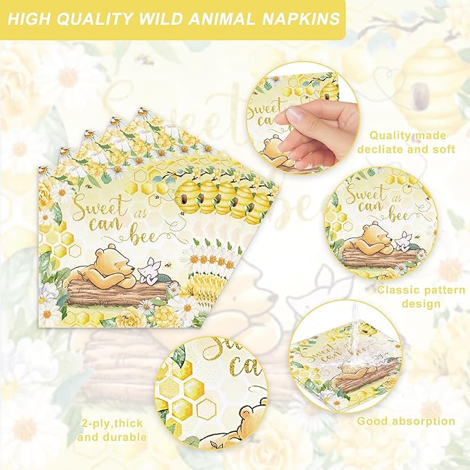 120PCS Classic Winnie Bear Party Supplies for Girls Baby Shower Kids Spring Sweet as Can Bee Neutral Themed Decorations Plates Napkin Cups Tableware Set for 20 Guests