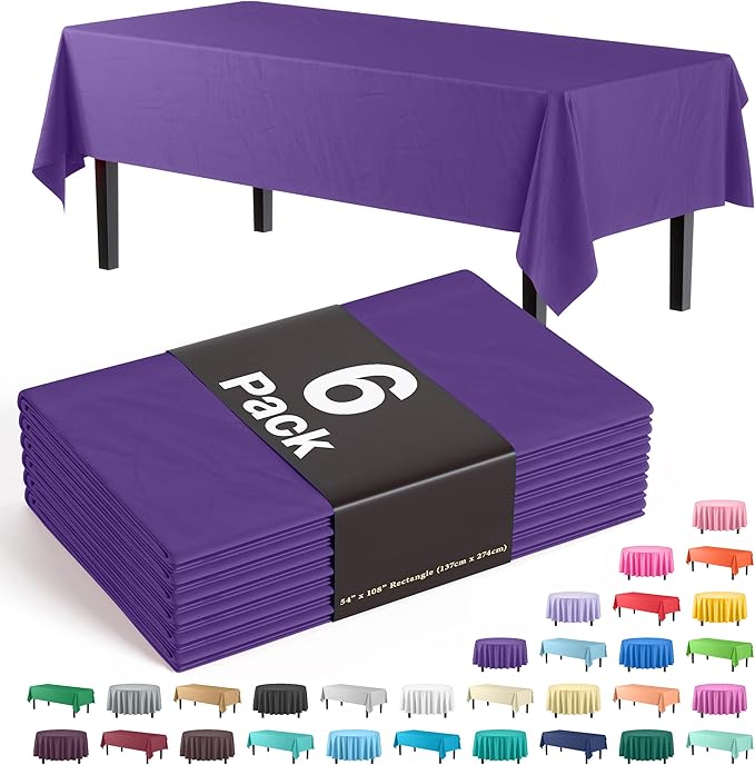 Exquisite Party Solids 6-Pack Premium Plastic Tablecloth 54in. x 108in. Rectangle Plastic Table Cover - Purple