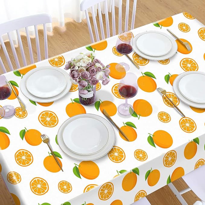 2-Pack Orange Party Tablecover Fruit Orange Pattern Plastic Tablecloths – 54 x 87 Inch Little Cutie Disposable Waterproof Table Covers for Summer Parties, Picnics, Kitchen & Dining Decor
