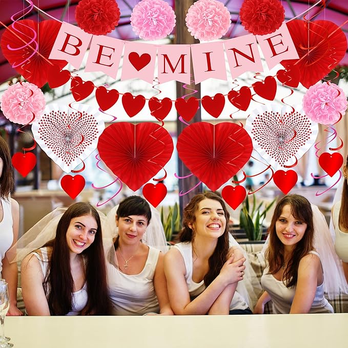 26PCS Valentines Decorations, Happy Valentines BE MINE Banner, Heart Felt Garland Paper Fans POMPOM Flowers, Red Pink Hanging Swirls for Heart Love Party Decorations Decor Wedding Supplies