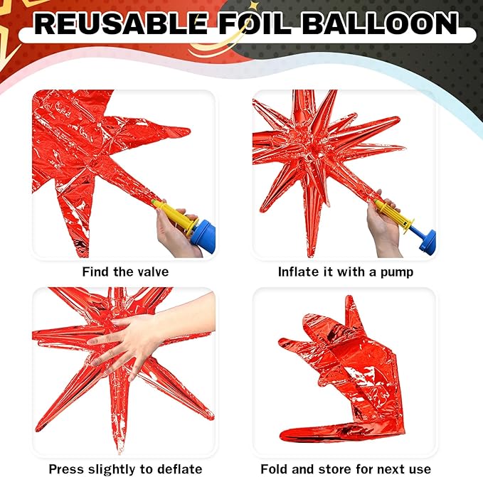 6PCS Black Red Star Balloons, 22Inch Large Star Balloon Foil Balloons Spike Cone Balloon for Birthday Anniversary New Year Halloween Vampire Casino Party Decorations