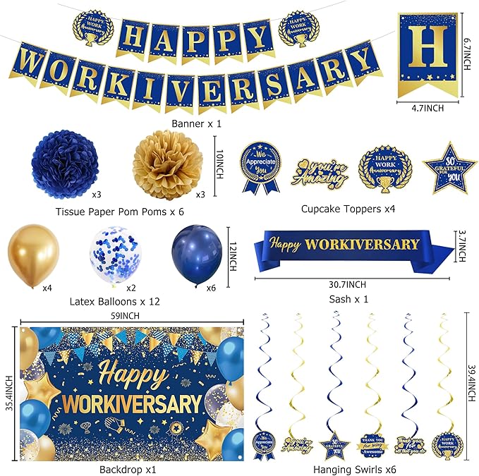 DARUNAXY Happy Workiversary Party Decorations for Men Women, Blue Gold Happy Work Anniversary Banner Cake Topper Hanging Swirl Confetti Balloons Decor Set for Employee Office Party Supplies(31PC)