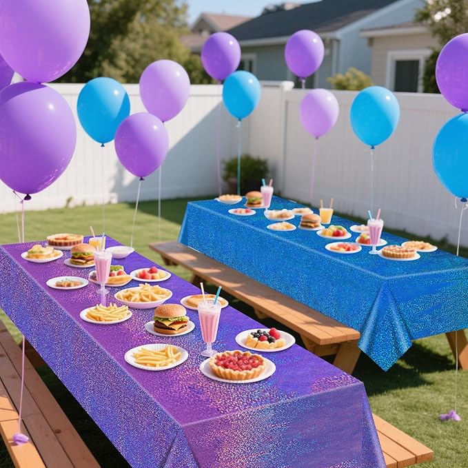 2Pcs Blue & 2Pcs Purple Holographic Tablecloths Rectangular Blue and Purple Iridescent Shimmer Metallic Table Covers for Under The Sea Ocean Mermaid Anniversary Party Supplies, 54 x 108inch