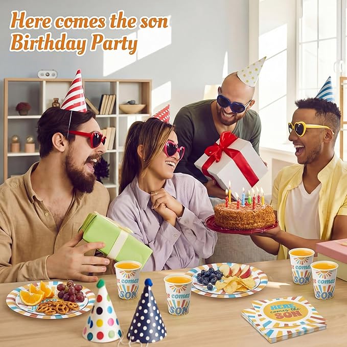 250 Pcs Here Comes The Son Baby Shower Party Decorations Boho Sun Rainbow Disposable Paper Plates Napkins and Cups Tableware Set for Sunshine Boy Baby Shower Party Supplies, Serves 50