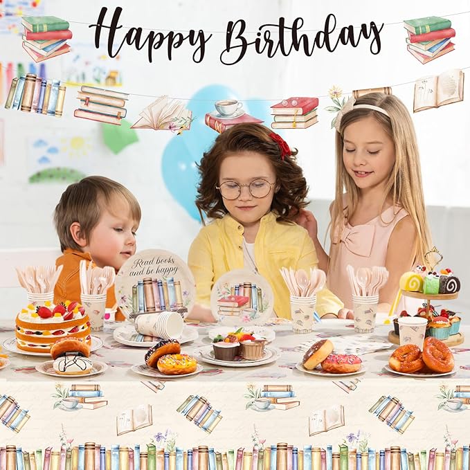 Zhehao 172 Pcs Book Themed Birthday Decorations 24 Set Book Birthday Party Tableware Included Disposable Tablecloths Plates Cups Napkins Banners Cutlery for Library Reading Storybook Party Decor