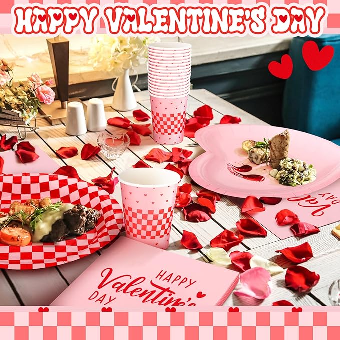 Zhehao 112 Pcs Valentine's Day Party Supplies Set for 24 Guests Paper Plates 9 oz Cups Napkins and Cutlery Pink and Red Plaid Ladies Celebration Party Decor Women Supplies