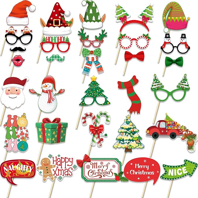 32PCS Christmas Photo Booth Props Set – Funny Xmas Party Decorations with Santa Hats, Glasses, Beards, Elf Ears & Signs – Christmas Party Supplies for Kids & Adults Holiday Photo Booth