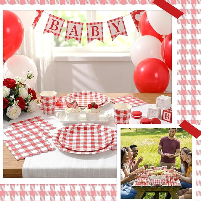 175 Pcs Gingham Party Supplies Include Red Gingham Plates and Napkins Cups Plastic Cutlery Disposable Red Checkered Plates Set for Picnic, Pizza, Bbq, Hot Dog Party Decorations
