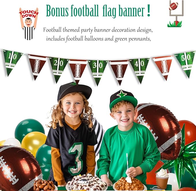 Football homecoming Balloon with Green White Gold Balloons with large star stripe Foil balloons and Football Banner for sport theme tailgate super league touch down birthday decorations