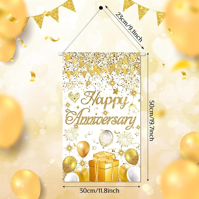 Anniversary Party Decorations White Gold Happy Anniversary Door Banner Sign Small Wedding Anniversaries Door Hanging Banner Porch Front Door Decor for Women Men Cruise Door Sign Supplies