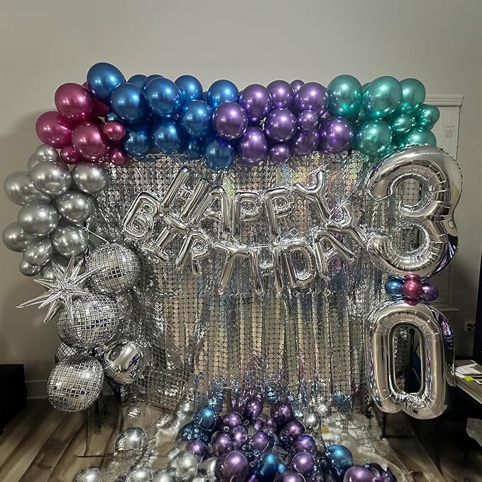 Metallic Balloon Arch Garland Kit, Disco Party Decorations with Chrome Rainbow Colorful Purple Teal Red Hot Pink Blue Balloons Disco Ball Balloons for 80s 90s Theme Birthday Anniversary Party Supplies