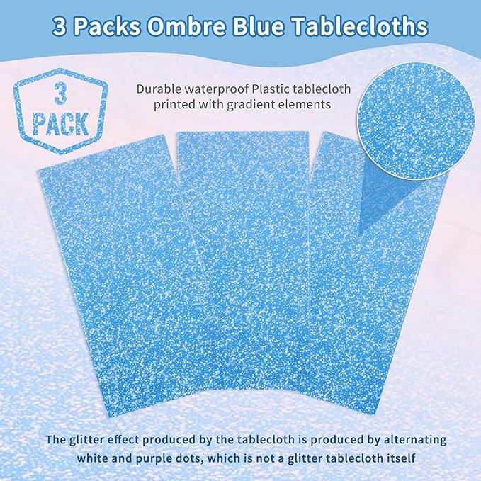 Kesfey 3 Packs Ombre Blue Plastic Tablecloth 54 x 108 Inch Gradient Pastel Blue Table Cloths Rectangle Disposable Royal Blue Sprinkle Glitter Table Covers for Birthday Baby Shower Party Decorations