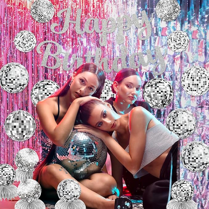 Disco Birthday Party Decorations - Silver Disco Ball Banner, Honeycomb Centerpieces, 70s-80s-90s Themed Party Pack