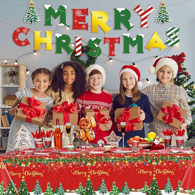 Christmas Party Supplies Tableware Set Xmas Party Decoration Christmas Tree Paper Plates Napkins Snowflakes Tablecloths Merry Christmas Banner Holiday Disposable Dinnerware Serves 24 Guests