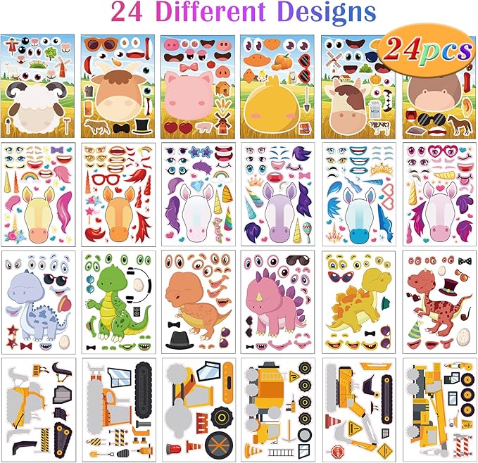 24 Sheets Make a Face Sticker Sheets for Kids Todders Activities, Make Your Own Stickers with Unicorns Dinosaur Construction and Farm Animals for Kids Birthday Party Favor Supplies Craft