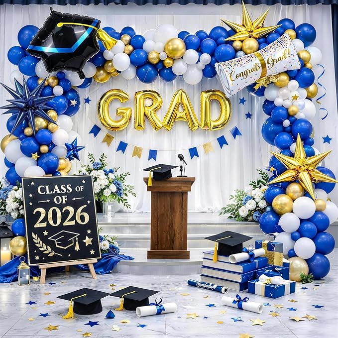 Blue Graduation Balloons Garland Arch Kit, 113 PCS Blue Gold White Graduation Star Print Cap Certificate Grad Foil Balloons with Gold Explosion Star Balloon for Graduate Class of 2026 Prom Party Decor