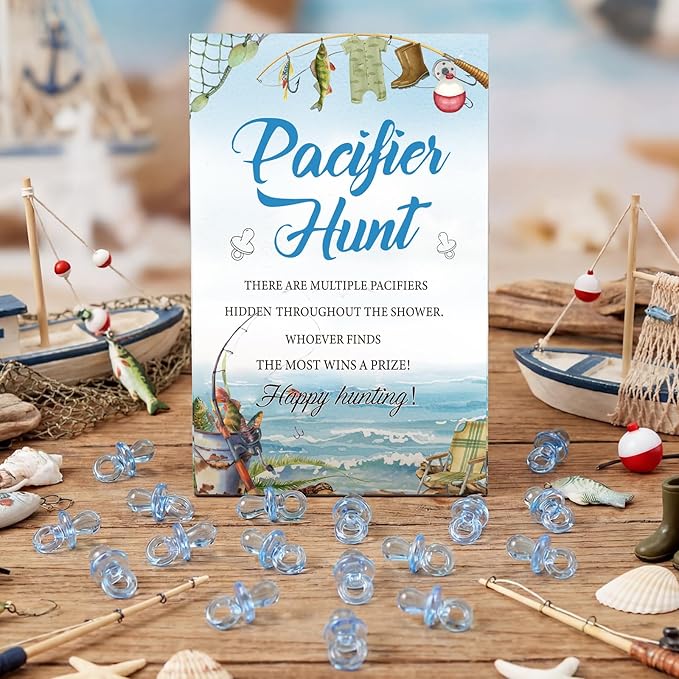 Thyle 51 Pcs Fishing Pacifier Hunt Baby Shower Games a Little Fisherman Is on The Way Theme Baby Shower Game Decoration Include Hunt Sign and Acrylic Pacifiers Fish Themed Gift Sets for Gender Reveal