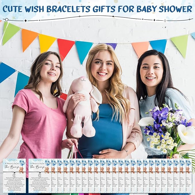 Thyle 25 Set Blue Bear Baby Shower Favors for Guests Adjustable Bracelets with Message from The Bump Card Footprints Charm Baby Shower Bracelets for Gender Reveal Thank You Gifts