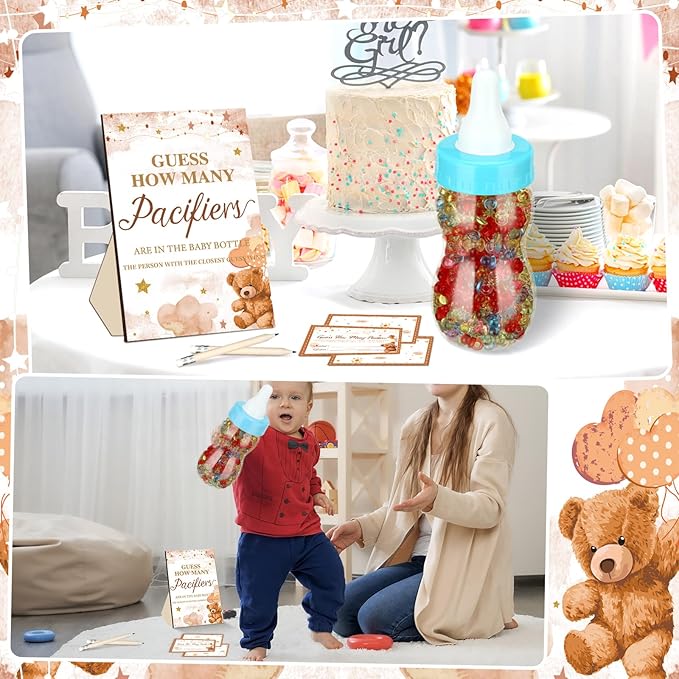 Syhood Brown Bear Baby Shower Games Guess How Many Pacifiers Game Sign 50 Small Guessing Games 20 HB Pencils 750 ml Milk Bottle 400 Acrylic Pacifiers Decorations Guests Gender Reveal Party Favors