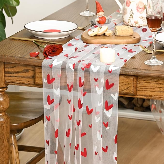 Artoid Mode Red Heart Gauze Table Runner 120 Inch 10FT,Glitter Metallic Foil Valentine’s Day Sheer Dining Anniversary Wedding Table Decor for Home Party