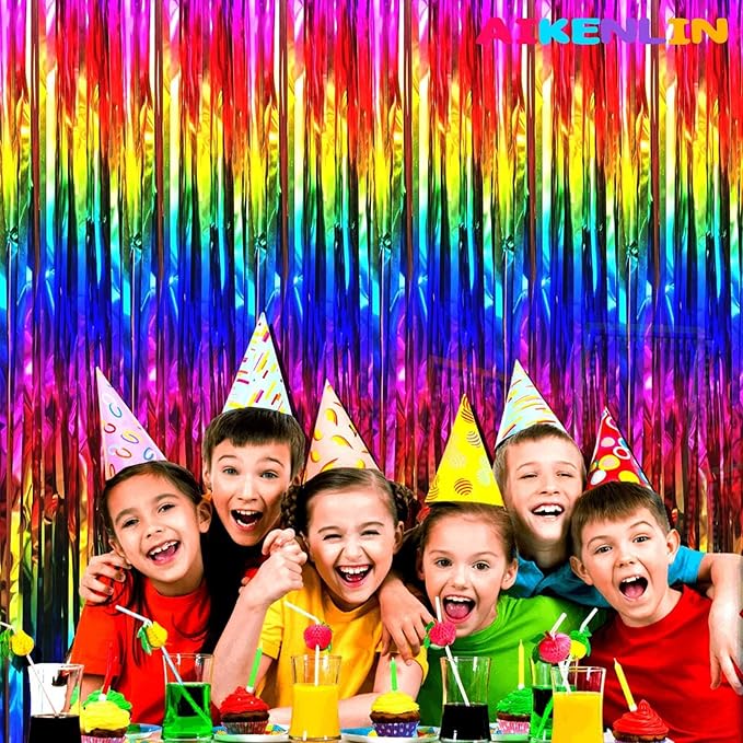 4 Pack 3.3Ft x 6.6Ft Rainbow Foil Fringe Curtain Backdrop, Colorful Metallic Tinsel Foil Fringe Streamers Curtains Background for Photo Booth, Birthday, Wedding, Valentine's Day Party Decoration