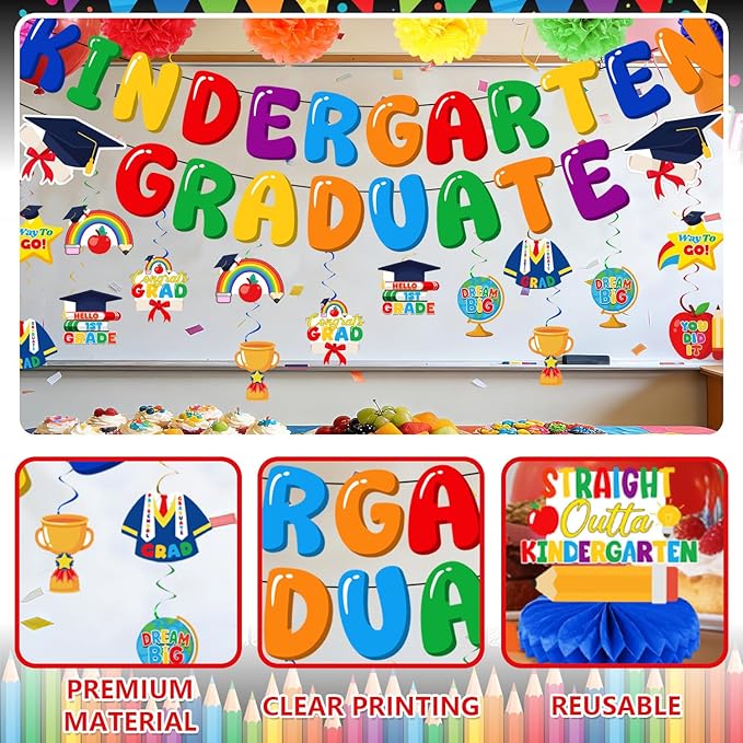 Kindergarten Graduation Decorations Set, Congrats Grad Decor Kit - 27 PCS with Banner, Pom Poms, Hanging Swirls & Centerpieces, Class of 2026 Party Supplies
