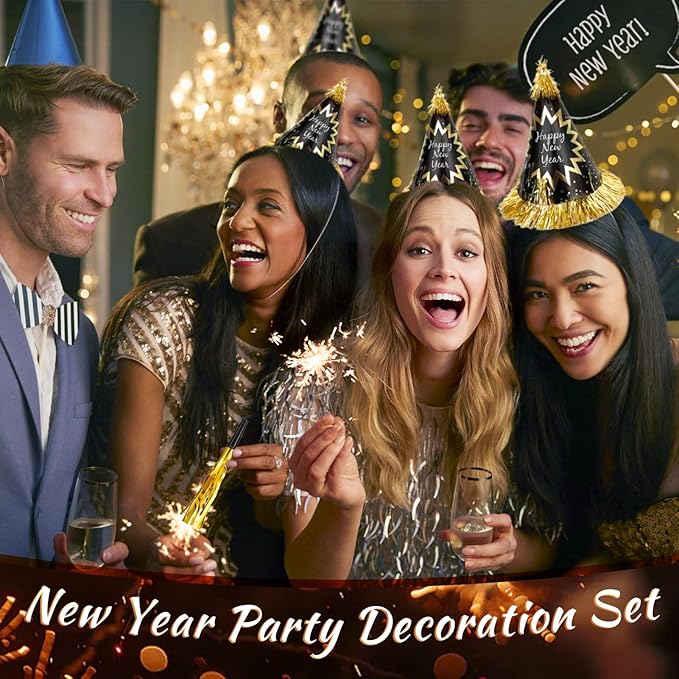 New Years Eve Party Supplies 2026 30PCS Happy New Years Decoration Hats Headband for 2026 Party Props Festival Decorations Count Down NYE Party Supplies Favors (Glod Black)