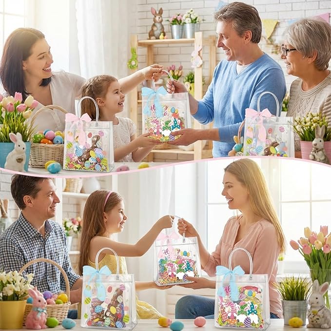 Henoyso 24 Pcs Easter Clear Gift Bags with Handles Plastic Treat Goodie Candy Bags Reusable PVC Party Favor Tote with Ribbon for Easter Birthday Party Gift Wrapping, 7.8 x 7.8 x 3.1 Inches