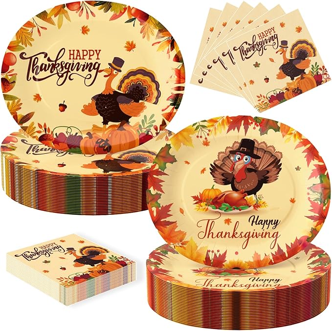 100Pcs Thanksgiving Oval Paper Plates and Napkins Set, 10" x 12" Turkey Designed Party Plates, Large Disposable Dinner Plates for Fall Party and Thanksgiving Day