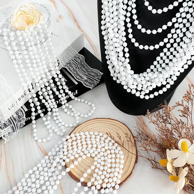SHAOQINLIN 144 PCS White Bead Necklaces, Mardi Gras & 4th of July Party Beads, 33 Inch Round Beaded Bulk for Carnival, Christmas & Patriotic Day Favors