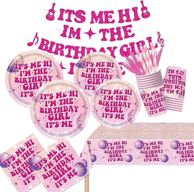 194 Pcs Its Me Hi Im The Birthday Girl Its Me Party Supplies Serve 24, Includes Plates, Cutlery, Tablecloth & Banner for Music Birthday Theme Decorations