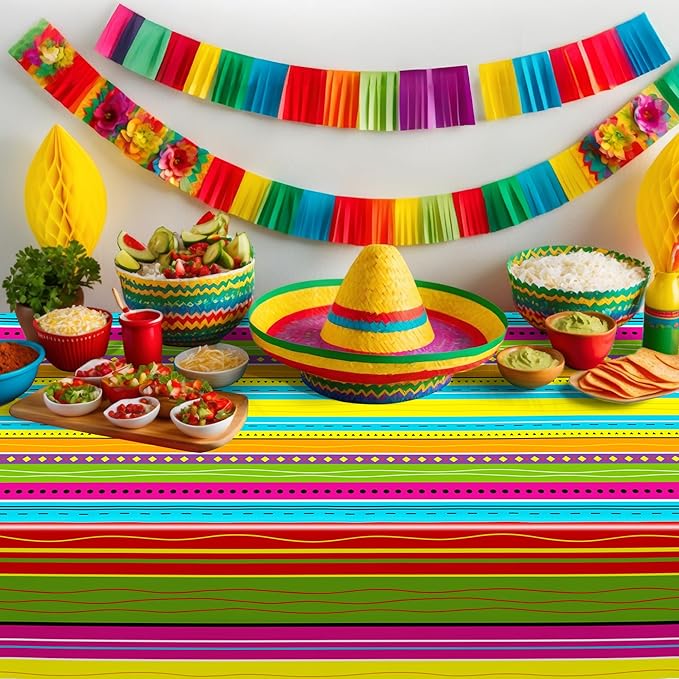 6 Pcs Mexican Party Decorations, 54"X108" Disposable Fiesta Tablecloths, Colorful Mexican Striped Tablecover Plastic Tableware Fiesta Decor for Cinco De Mayo, Taco Night, Mexico Themed Party Supplies