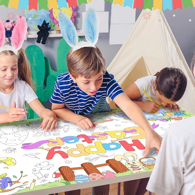 Happy Easter Giant Coloring Poster Large Easter Party Tablecloth for Kids, DIY Truck, Eggs,Rabbits, Chickes, Letters, Coloring Party Activity Poster & Table Cover,53x33 inches Jumbo Banner