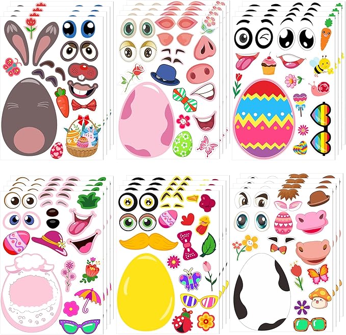 Easter Stickers for Kids, Easter Basket Stuffers Gifts for Kids, 24 Sheets DIY Happy Easter Make A Face Stickers Crafts with Eggs Themed Game Toys Classroom Activities Party Favor Supplies Decorations