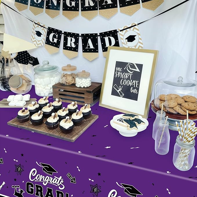 2-Piece 54 x 108 Inch Graduation Plastic Tablecloth – Graduation Disposable Rectangle Table Covers with “Congrats Grad” Design for Class of 2026 Party, School and Home Decorations